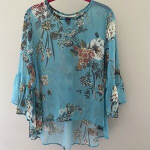 Bryn Walker Blue Floral Chiffon Ruffle Sleeve Tunic Blouse Sheer Wildflower Sz S